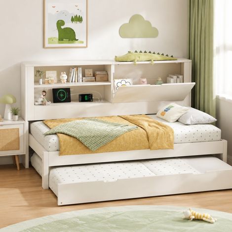 Schlafsofa 90x200 cm Weiß aus Holz mit Ausziehbett und Stauraum, USB-Ladestation, Lattenrost (1/5)