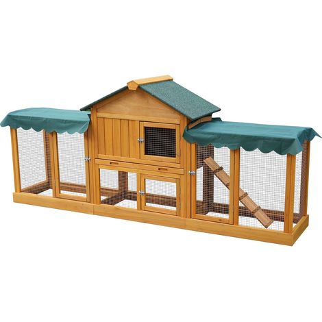 Grand clapier à lapin avec bec en bois, 218 x 51 x 96 cm, toit vert, housse résistante aux intempéries, cage à lapin à plusieurs niveaux pour l'extérieur (1/5)