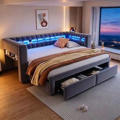 Canapé lit gigogne 90x190 extensible 180x190 cm avec tiroirs de rangement, éclairage LED et ports USB, lit banquette en velours gris foncé (1/5)