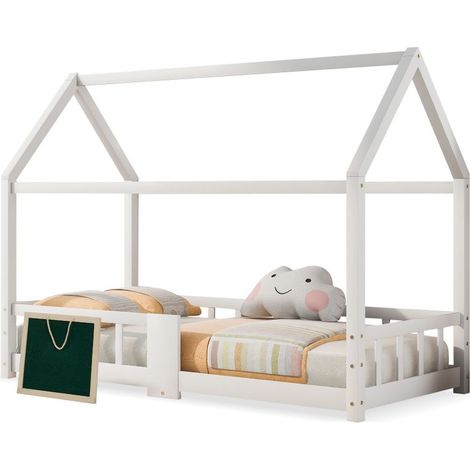 Lit d'enfant, 90 x 200 cm, cadre de lit d'enfant en bois, sommier à lattes anti-chute - Blanc (1/5)