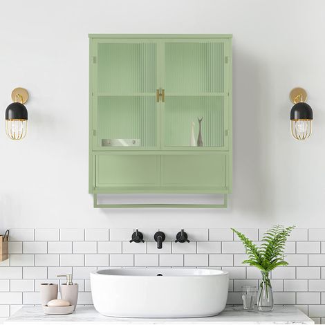 Armadio pensile 60x23x78 cm verde in vetro e metallo con doppio vano chiuso, ripiano aperto e porta-asciugamani (1/5)
