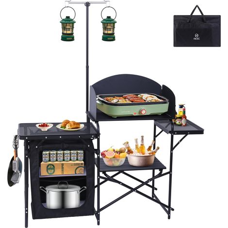 Station de cuisine de camping, table de pique-nique, table de barbecue, table pliante, support d'éclairage amélioré et station de cuisson pour pare-brise, organiseur, sac de transport pour la (1/5)