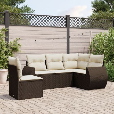 5-tlg. Garten-Sofagarnitur mit Kissen Braun Poly Rattan (1/3)