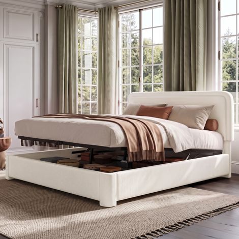Letto contenitore 160x200 cm con rete, testiera regolabile, ampio vano, bianco DESVIAE (1/5)
