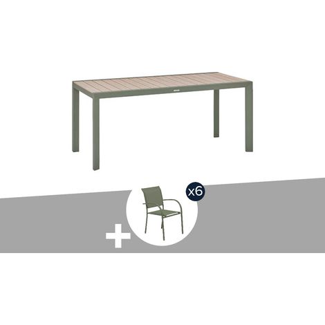 Table de jardin rectangulaire alu Evasion 6 places effet bois Lin et laurier + 6 fauteuils Piazza - Hespéride