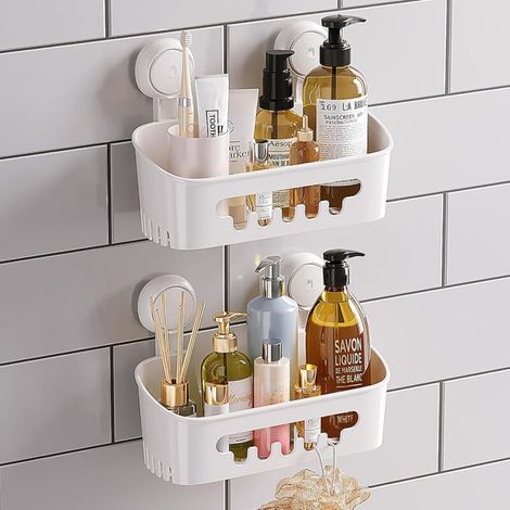 Étagère à ventouses - idéale pour les salles de bain, les toilettes et les cuisines - étagère amovible, 2 pièces, blanche (1/5)