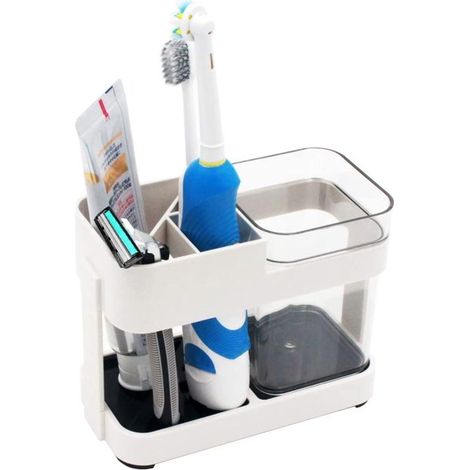 1 Porte-brosse à dents, 3 emplacements brosse, 1 fente dentifrice, 2 supports flacon, famille enfant salle de bain (1/5)