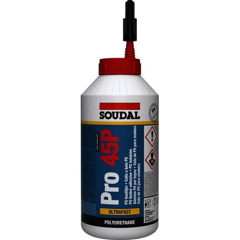 Soudal – Colle à bois PU rapide 750g – Résistance à l'eau D4 – Excellente adhérence sur bois humide – Application facile – 108765 - PRO 45 P
