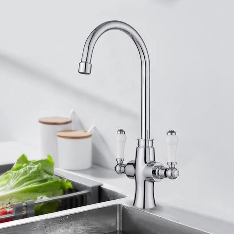 JASSFERRY Traditional Kitchen Mixer Tap Elegant White Ceramic Dual Lever Quarter Turn Monobloc Sink Faucet (1/5)
