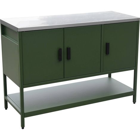Cuisine d'extérieure en acier vert 3 portes.1 étagère L120cm