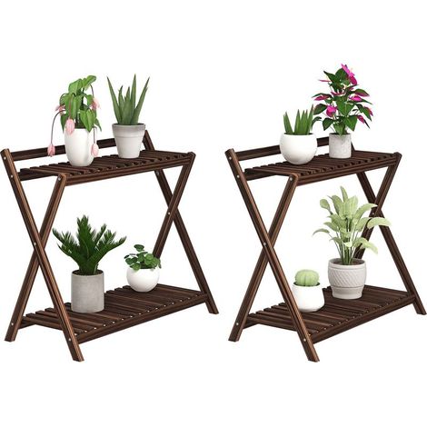 Support Plantes Intérieur - 2 Niveaux - Bois Sapin - 73 x 36 x 64 cm - Pour Salon Jardin Balcon - Lot de 2 (1/5)
