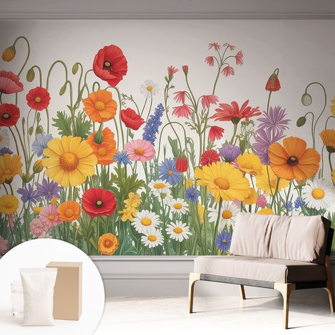 Papier peint décoratif avec colle pour salon, chambre à coucher et bureau – Design moderne et facile à poser Prairie fleurie 312x219 cm (1/5)