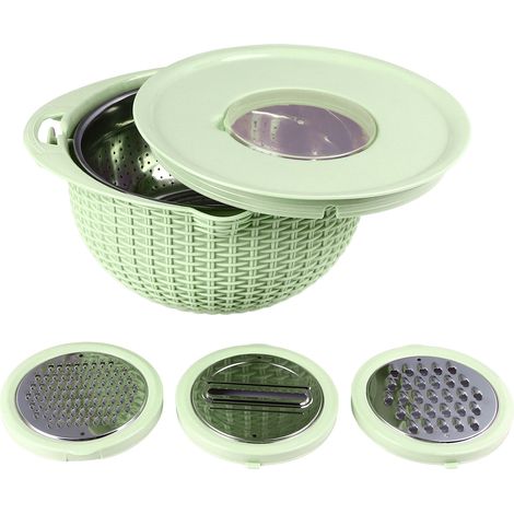 Passoire 4 en 1 avec outils de découpe, passoire rotative, 2 niveaux, acier inoxydable, poignée ergonomique, polyvalente pour laver les légumes, verte. (1/5)