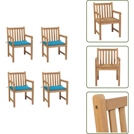 Gartenstühle 4 Stk. mit Blauen Kissen Massivholz Teak - Gartenstühle - Holzmöbel - Teakholz Gartenmöbel - Outdoor Furniture - Garten Dekoration (1/5)