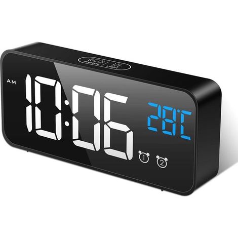 LED-Digitalwecker,wiederaufladbarer Spiegelwecker mit Temperaturanzeige,2 Weckzeiten mit 13 Musiktiteln,Schwarz (1/5)