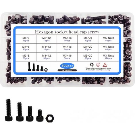 Caja surtida - Tornillos - Juego de 500 tornillos y tuercas cilíndricas negras, tornillos de cabeza hexagonal interna (1/2)