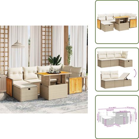 Salon de jardin avec coussins 7 pcs beige résine tressée - Ensemble Salon De Jardin - Mobilier Extérieur - Résine Tressée - Rotin Synthétique - Table Extensible (1/5)