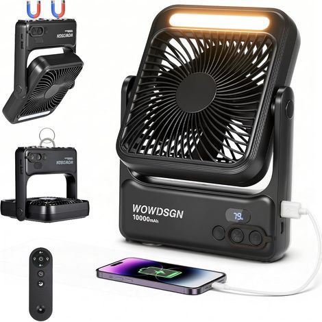 Ventilateur portable, 10000 mAh Rechargeable Batterie, avec Télécommande, Fixation Magnétique et Suspendue, 4 Vitesses, Timing, Rotation 135°, Pour Camping, Bureau (Noir, Éclairage LED) (1/5)