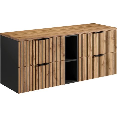 Mobile sotto lavabo sospeso scanalato con nicchie L140 cm Naturale chiaro - MADELA (1/5)