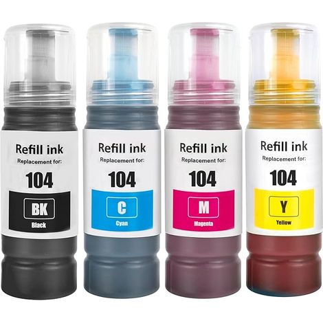 104 Botellas de Tinta Compatibles para Epson 104 EcoTank EcoTanks ET-1810, ET-2726, ET-2810, ET-2811, ET-2812, ET-2814, ET-2815, ET-2820, ET-2821, ET-2825, ET-2826, ET-4700, ET-4800 (paquete de 4 BK C (1/5)