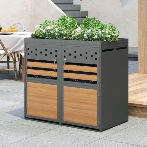 Cache-poubelles 132x80x125 cm en acier galvanisé anthracite, toit plantable jardin – MEUBLIV (1/5)
