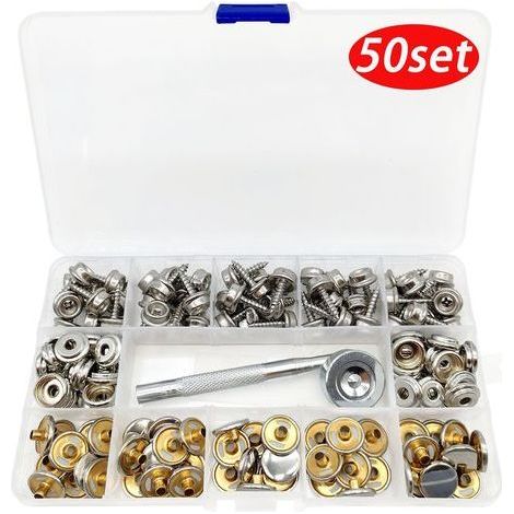 Lot de 50 attaches rapides en acier inoxydable pour usage marin avec 2 outils de montage (15 mm), attaches rapides, attaches rapides pour bâche, attaches rapides métalliques