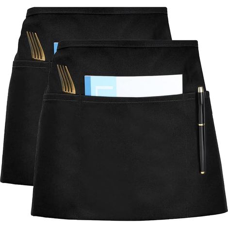 Conjunto de 2 delantales de cocina cortos negros, con correa ajustable y 3 bolsillos, ideales para camareros, chefs, bistrós y cafeterías.