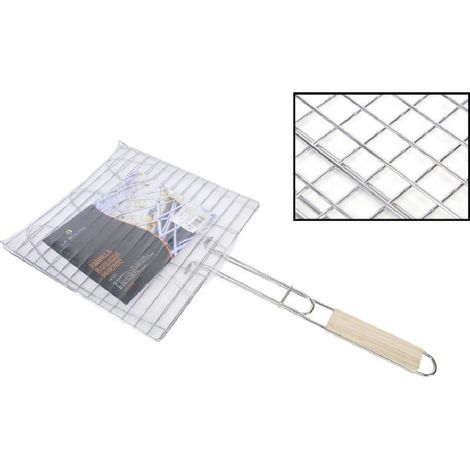 TRADE SHOP - Griglia Quadra Barbecue Doppia Grill Manico Legno Graticola Arrosto Pesce 28x28cm -