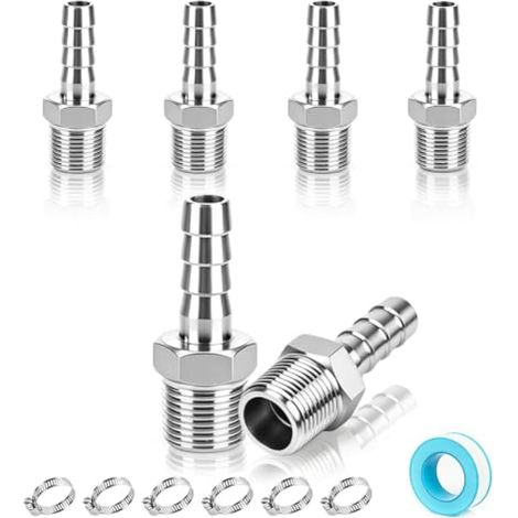 6pcs Raccord Embout Cannelé Acier Inox 304, Connecteur Barbelé mâle BSP 1/4"" x 10mm Tuyau avec Pinces, pour Pompe Eau Air Carburant Gaz Pneumatique (1/5)