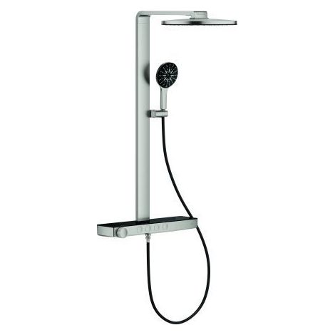 GROHE Duschsystem Rainshower Aqua Pure 101680, mit SmartControl Thermostatbatterie, Wandmontage, Kopfbrause rund, 2 Strahl, Durchfluss 15 l/min, Brauseboden schwarz, Handbrause 3 Strahl, Durchfluss 8. (1/4)