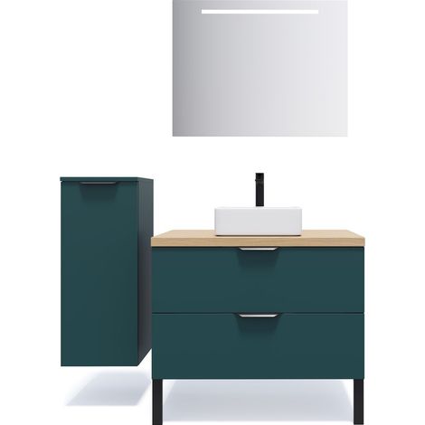 Meuble de salle de bain suspendu vasque à poser 90cm 2 tiroirs Bleu + miroir + colonne ouverture gauche - Soho (1/5)
