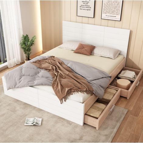 Letto in legno massello e MDF bianco e rovere chiaro 140x200 cm con 2 cassetti e rete a doghe inclusa (1/5)