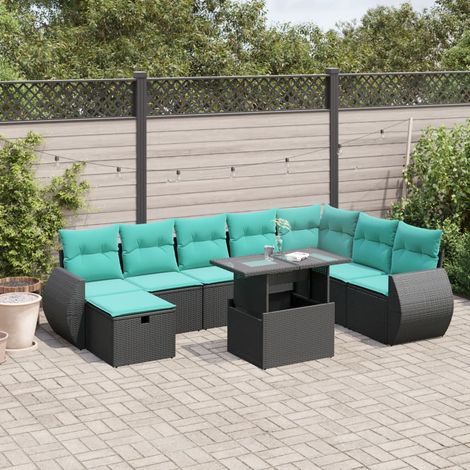 9-teiliges Gartensofa-Set mit Kissen, schwarzes Polyrattan (1/5)