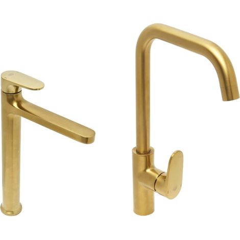 Set grifo de lavabo XL + grifo de cocina con brazo giratorio, oro cepillado (SATBSDA285BZ)