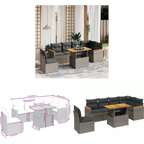 7-tlg. Garten-Sofagarnitur mit Kissen Grau Poly Rattan - Gartenmöbel Set - PE-Rattan Möbel - Outdoor Lounge - Terrassenmöbel - Sofasatz - Home & Living (1/3)