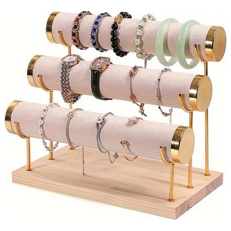 Espositore per bracciali a tre livelli, supporto per gioielli in ferro battuto con base in legno, orologio da tavolo multifunzionale e organizer per bracciali, torri portagioie - Beige (1/4)