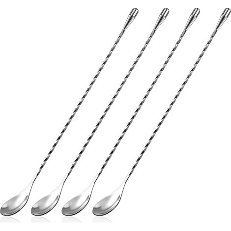 Cuillère à cocktail en acier inoxydable, long manche, cuillère de bar, cuillère à mélanger spirale, 30 cm, lot de 4 (argenté)