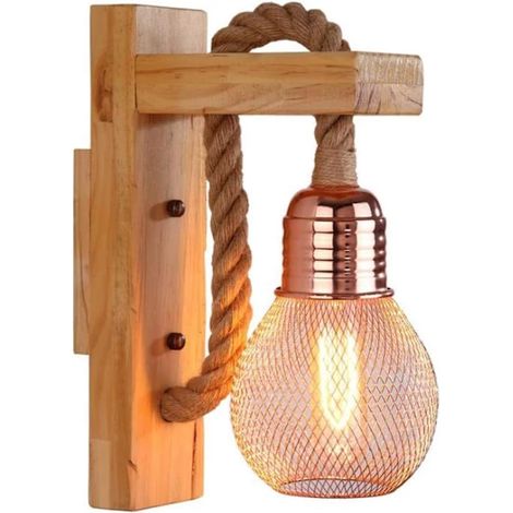 Applique murale vintage en bois massif - Style industriel rétro - Corde de chanvre - Applique rustique - Éclairage intérieur - Abat-jour (1/3)