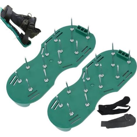 Scarificateur de pelouse avec pointes, clous 15 mm, 26 pointes en acier, sangles réglables, vertes, chaussures pour aérer la pelouse ou comme chaussures de chape (1/5)