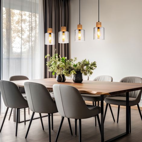 Pendelleuchte Holz Hängelampe schwarz Glas rauchfarben Wohnzimmerlampe H 120 cm (1/5)