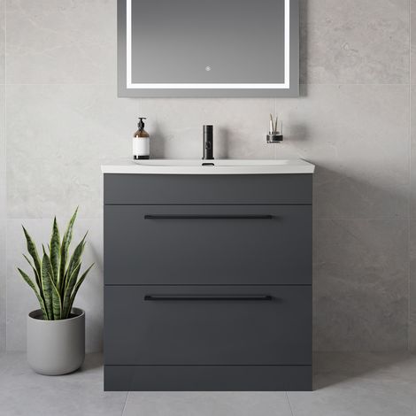 Napoli 390 Gloss Grey 800mm 2 Drawer Vanity Unit with Arc Basin - 800mm - Matt Black 480mm Handle
