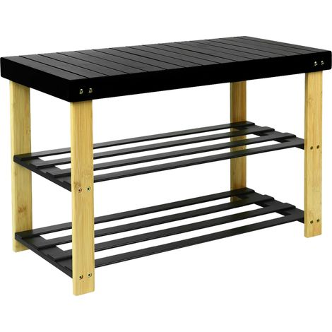 Banc de rangement pour chaussures, construction en bambou, utilisation intérieure polyvalente, Noir et marron (1/2)