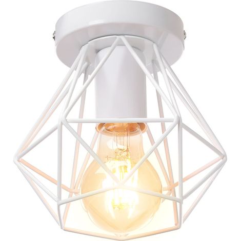 Plafonnier Industriel Cage Métal Forme Diamant Lustre Suspension Luminaire Salon Couloir Blanc (1/5)