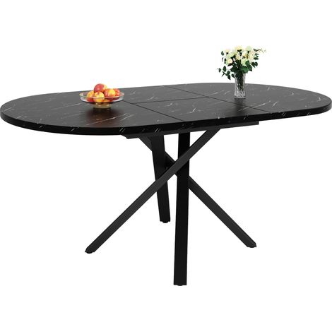 Table à manger ronde extensible avec plateau effet marbre 100-140 cm, cadre métal noir, hauteur 75,5 cm (1/5)
