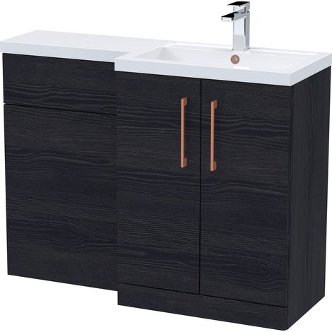 Balterley Right-Hand Bathroom Vanity and WC Unit Combination with Basin - 1100mm - Woodgrain Black with Copper Handles (1/4)