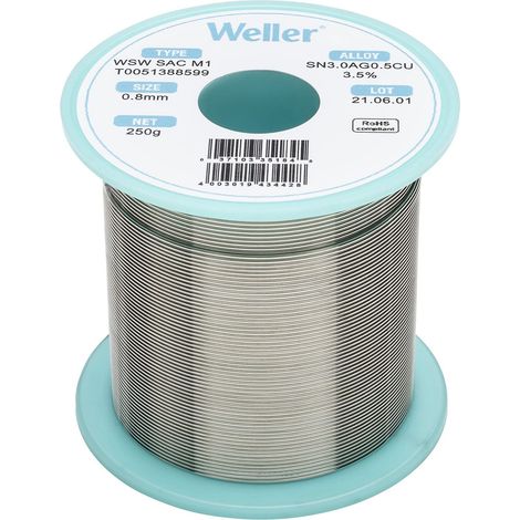 Weller WSW SAC M1 (T0051388599) Filo Saldante, Ø 0.8mm, 250g, Lega Sn96.5Ag3.0Cu0.5, Contenuto di Fondente 3,5% (1/4)