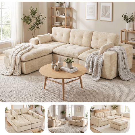 Modulares 4-Sitzer-Sofa – Beiger Chenille-Stoff – Tiefe Sitzfläche mit Wolken-Effekt – Taschenfederkern – Keine Montage erforderlich (1/5)