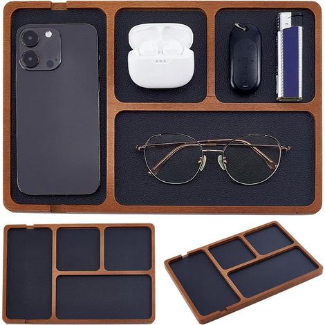 Wooden valet tray with faux leather inlay wood storage tray with 4 compartments bedside table desk organizer for phone, earphone, keys (1/5)