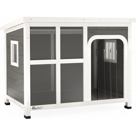 Chenil en bois d'épicéa gris clair 90x62x71 cm avec fenêtres et entrée à rideau pour chien