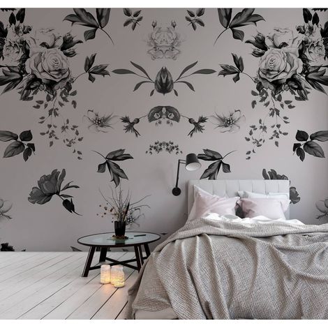 Papier peint panoramique à motif floral | Tapisserie panoramique vintage noire et blanche | Papier peint panoramique pour chambre d'adulte - 270 x 500 cm (5 pièces) (1/5)